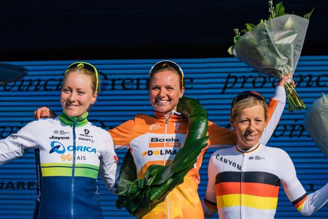 Gracie Elvin (Orica-AIS), Chantal Blaak (Boels Dolmans Cycling Team) and Trixi Worrack (Canyon-SRAM) on the Ronde van Drenthe podium (Sean Robinson/Velofocus)